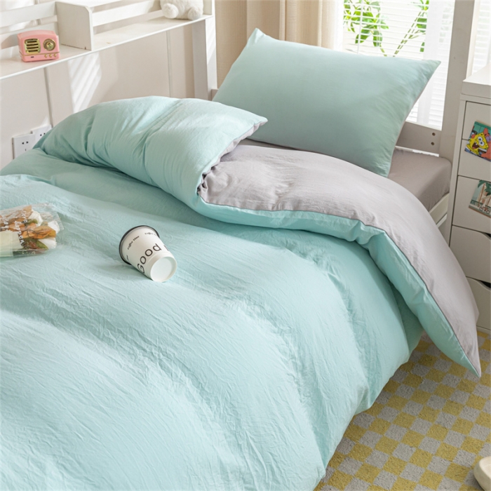 91家纺网 家纺一手货源 找家纺 古吉梦 2024新款纯色-双拼水洗棉学生三件套纯色-繁星蓝+山灰