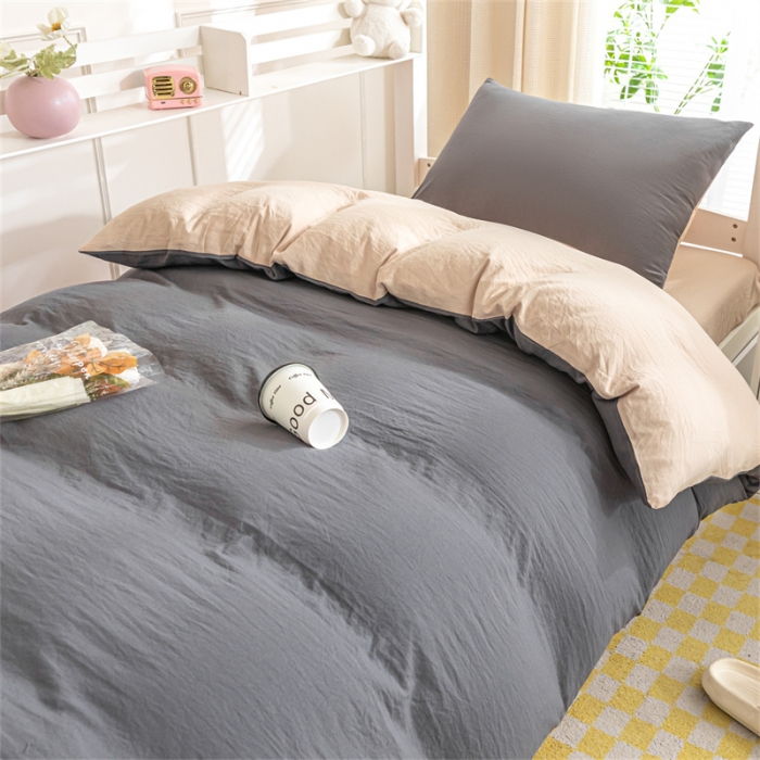 91家纺网 家纺一手货源 找家纺 古吉梦 2024新款纯色-双拼水洗棉学生三件套纯色-高级灰+奶茶