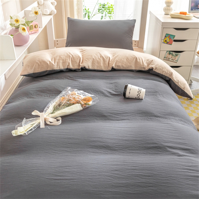 91家纺网 家纺一手货源 找家纺 古吉梦 2024新款纯色-双拼水洗棉学生三件套纯色-高级灰+奶茶