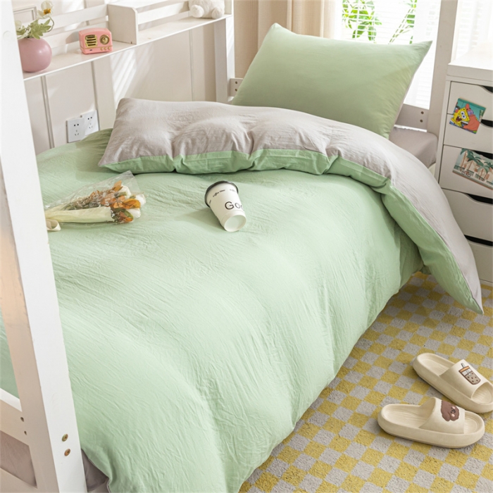 91家纺网 家纺一手货源 找家纺 古吉梦 2024新款纯色-双拼水洗棉学生三件套 纯色-灰绿+山灰