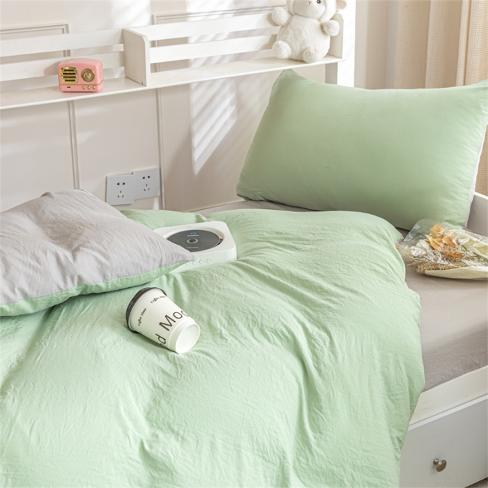 91家纺网 家纺一手货源 找家纺 古吉梦 2024新款纯色-双拼水洗棉学生三件套 纯色-灰绿+山灰