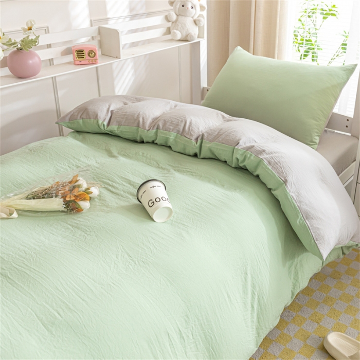 91家纺网 家纺一手货源 找家纺 古吉梦 2024新款纯色-双拼水洗棉学生三件套 纯色-灰绿+山灰