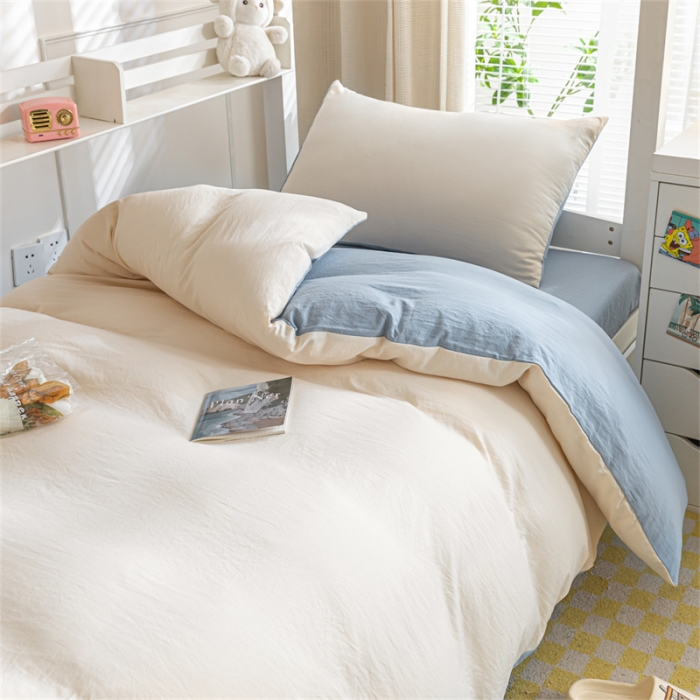 91家纺网 家纺一手货源 找家纺 古吉梦 2024新款纯色-双拼水洗棉学生三件套 纯色-奶昔白+海青