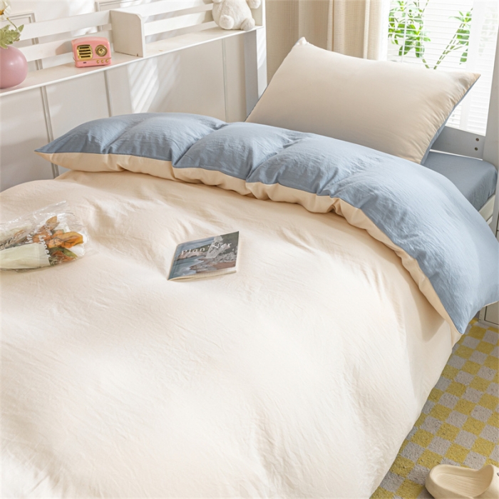 91家纺网 家纺一手货源 找家纺 古吉梦 2024新款纯色-双拼水洗棉学生三件套 纯色-奶昔白+海青