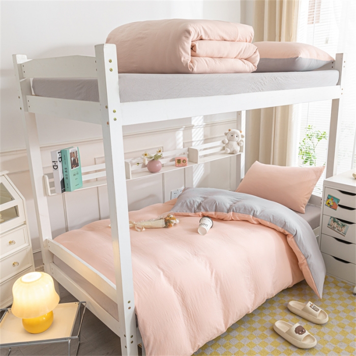 91家纺网 家纺一手货源 找家纺 古吉梦 2024新款纯色-双拼水洗棉学生三件套 纯色-奶油粉+山灰