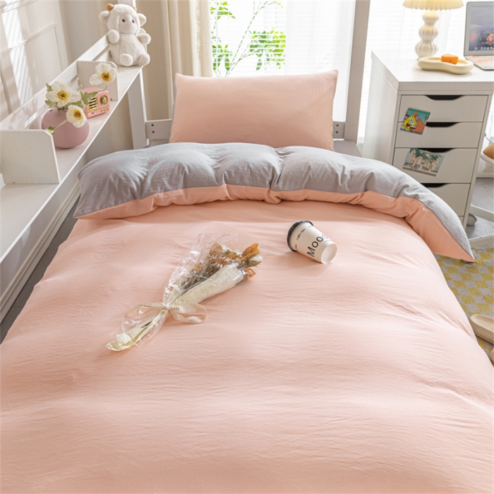 91家纺网 家纺一手货源 找家纺 古吉梦 2024新款纯色-双拼水洗棉学生三件套 纯色-奶油粉+山灰