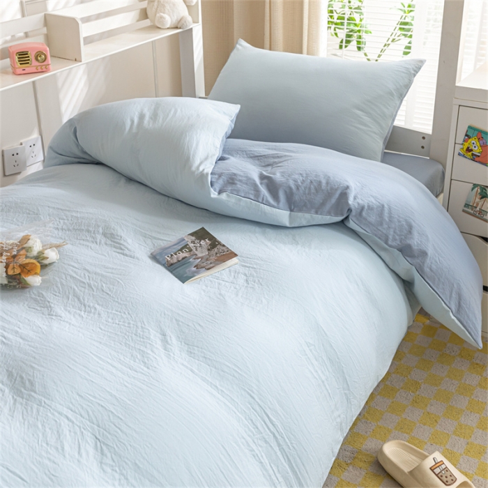 91家纺网 家纺一手货源 找家纺 古吉梦 2024新款纯色-双拼水洗棉学生三件套 纯色-天空蓝+海青