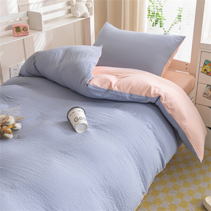 91家纺网 家纺一手货源 找家纺 古吉梦 2024新款纯色-双拼水洗棉学生三件套 纯色-星黛紫+奶油粉