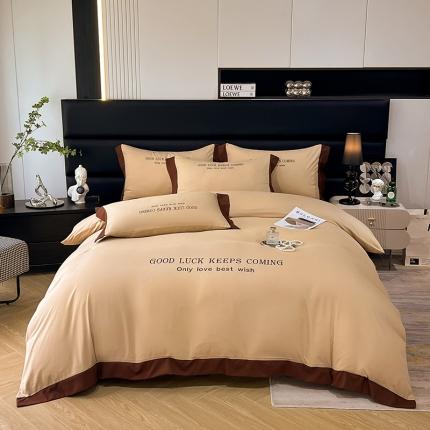 91家纺网 家纺一手货源 找家纺 易辰美 2024新款轻奢A类高克重斜纹云柔棉绣花四件套 卡其色