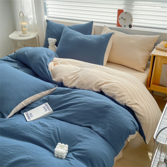 91家纺网 家纺一手货源 找家纺 古吉梦 2023新款纯色-双拼水洗棉四件套 纯色-宾利蓝+奶茶