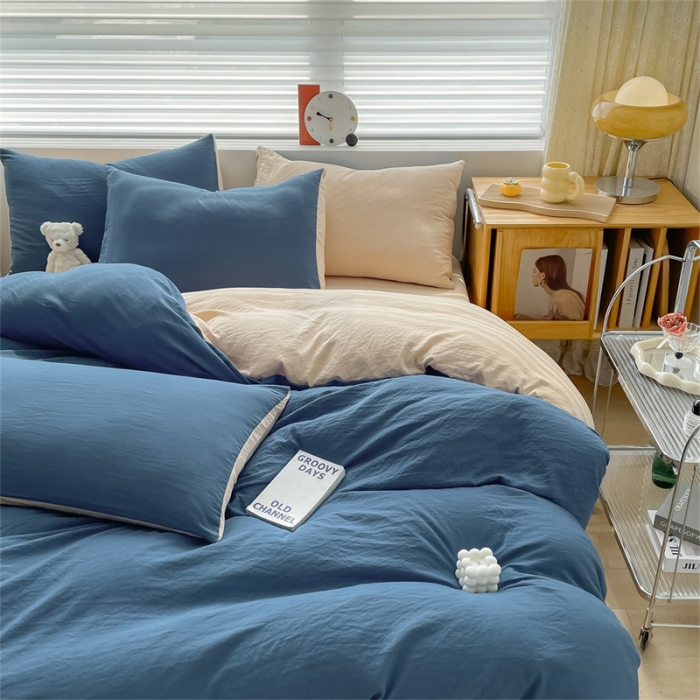 91家纺网 家纺一手货源 找家纺 古吉梦 2023新款纯色-双拼水洗棉四件套 纯色-宾利蓝+奶茶