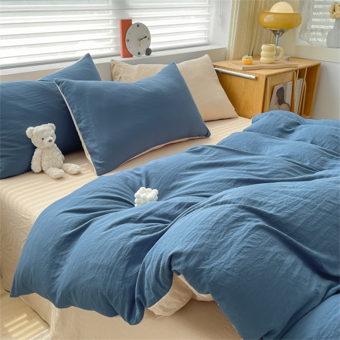 91家纺网 家纺一手货源 找家纺 古吉梦 2023新款纯色-双拼水洗棉四件套 纯色-宾利蓝+奶茶