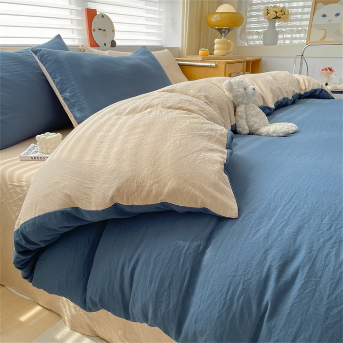 91家纺网 家纺一手货源 找家纺 古吉梦 2023新款纯色-双拼水洗棉四件套 纯色-宾利蓝+奶茶