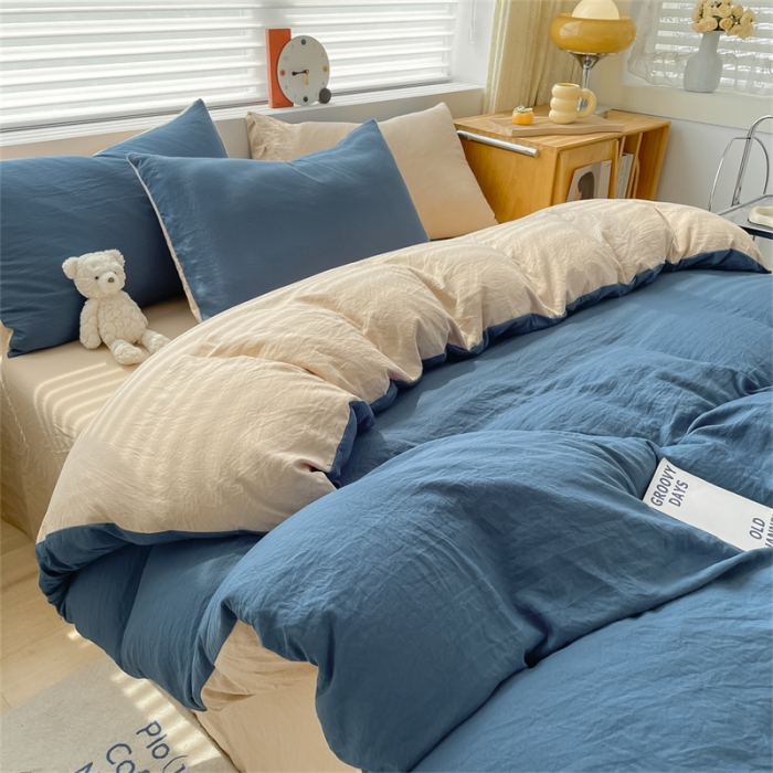 91家纺网 家纺一手货源 找家纺 古吉梦 2023新款纯色-双拼水洗棉四件套 纯色-宾利蓝+奶茶