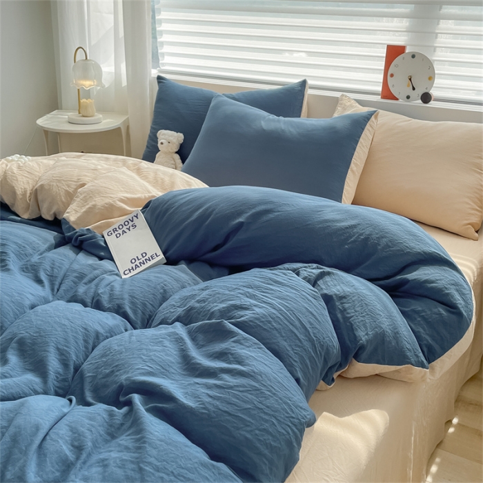 91家纺网 家纺一手货源 找家纺 古吉梦 2023新款纯色-双拼水洗棉四件套 纯色-宾利蓝+奶茶