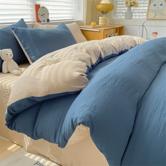 91家纺网 家纺一手货源 找家纺 古吉梦 2023新款纯色-双拼水洗棉四件套 纯色-宾利蓝+奶茶