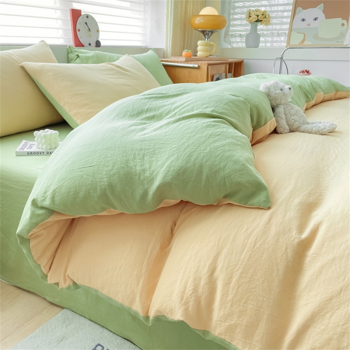 91家纺网 家纺一手货源 找家纺 古吉梦 2023新款纯色-双拼水洗棉四件套 纯色-初黄+果绿