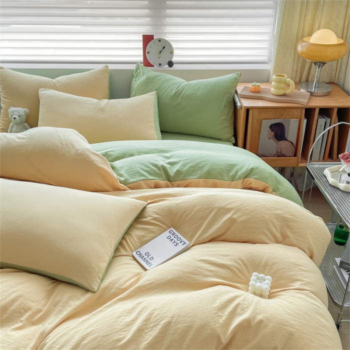 91家纺网 家纺一手货源 找家纺 古吉梦 2023新款纯色-双拼水洗棉四件套 纯色-初黄+果绿