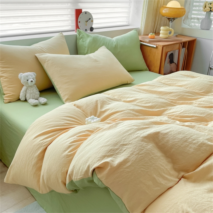 91家纺网 家纺一手货源 找家纺 古吉梦 2023新款纯色-双拼水洗棉四件套 纯色-初黄+果绿