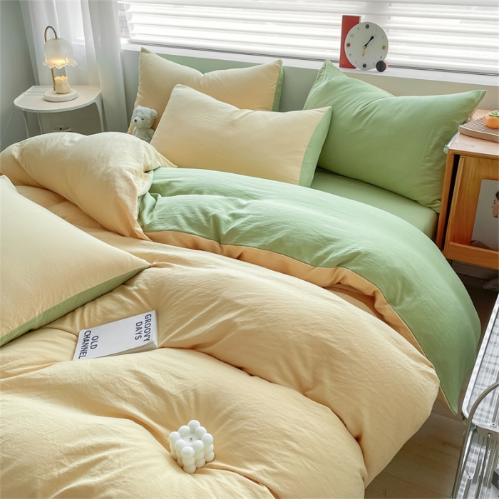 91家纺网 家纺一手货源 找家纺 古吉梦 2023新款纯色-双拼水洗棉四件套 纯色-初黄+果绿