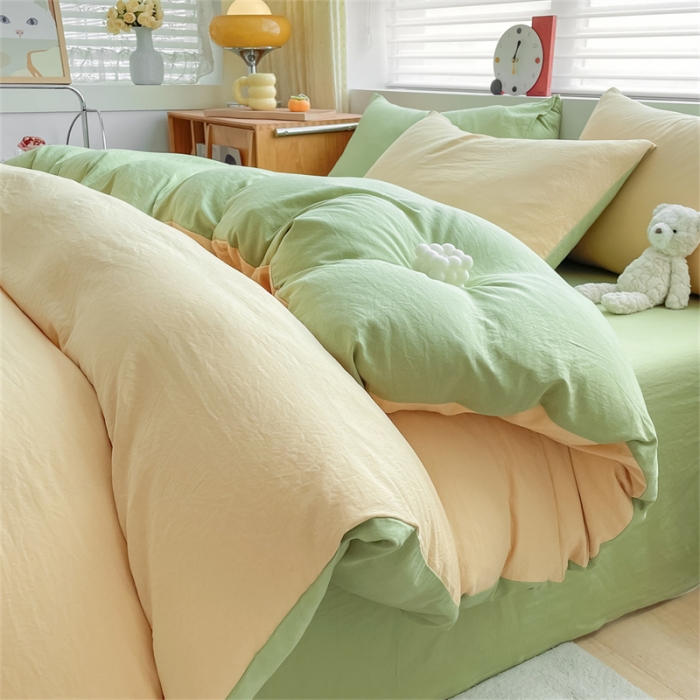 91家纺网 家纺一手货源 找家纺 古吉梦 2023新款纯色-双拼水洗棉四件套 纯色-初黄+果绿