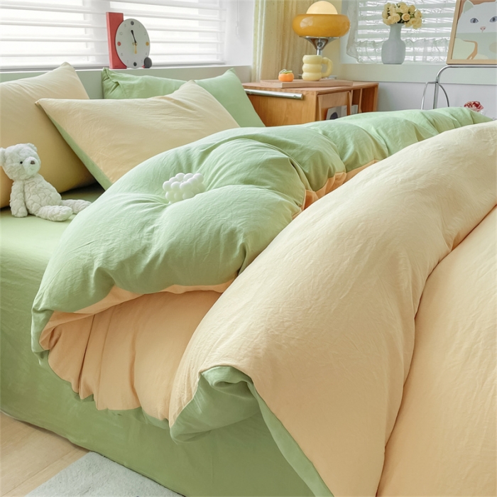 91家纺网 家纺一手货源 找家纺 古吉梦 2023新款纯色-双拼水洗棉四件套 纯色-初黄+果绿