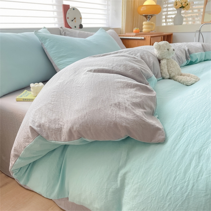 91家纺网 家纺一手货源 找家纺 古吉梦 2023新款纯色-双拼水洗棉四件套 纯色-繁星蓝+山灰