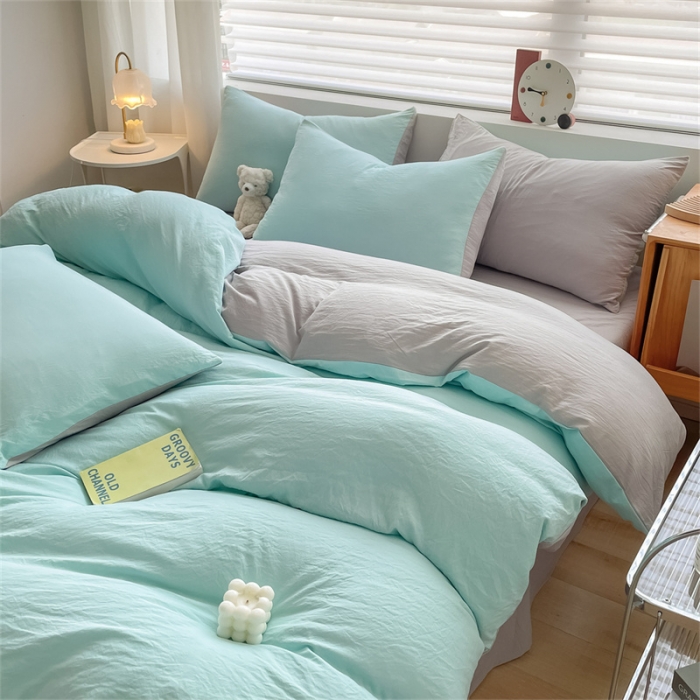 91家纺网 家纺一手货源 找家纺 古吉梦 2023新款纯色-双拼水洗棉四件套 纯色-繁星蓝+山灰