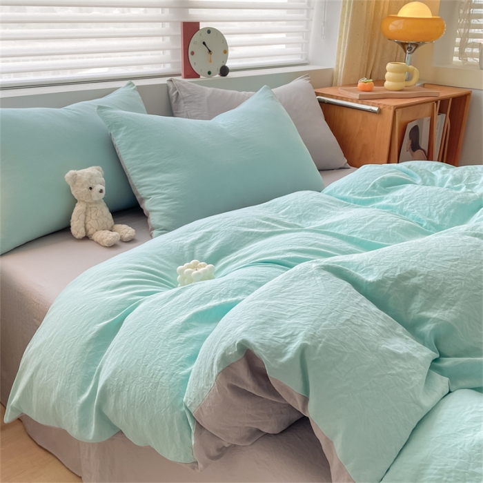 91家纺网 家纺一手货源 找家纺 古吉梦 2023新款纯色-双拼水洗棉四件套 纯色-繁星蓝+山灰