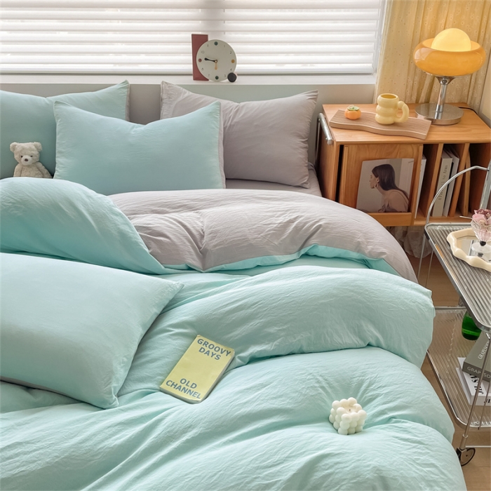 91家纺网 家纺一手货源 找家纺 古吉梦 2023新款纯色-双拼水洗棉四件套 纯色-繁星蓝+山灰