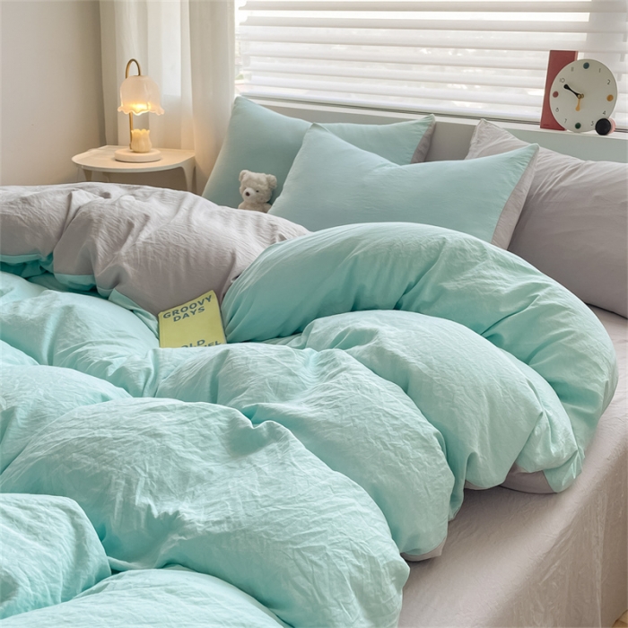 91家纺网 家纺一手货源 找家纺 古吉梦 2023新款纯色-双拼水洗棉四件套 纯色-繁星蓝+山灰