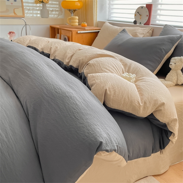 91家纺网 家纺一手货源 找家纺 古吉梦 2023新款纯色-双拼水洗棉四件套 纯色-高级灰+奶茶