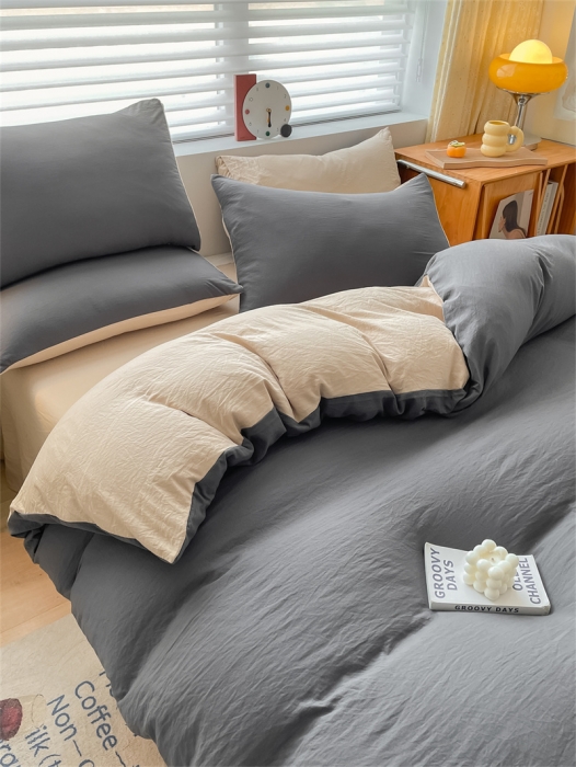 91家纺网 家纺一手货源 找家纺 古吉梦 2023新款纯色-双拼水洗棉四件套 纯色-高级灰+奶茶