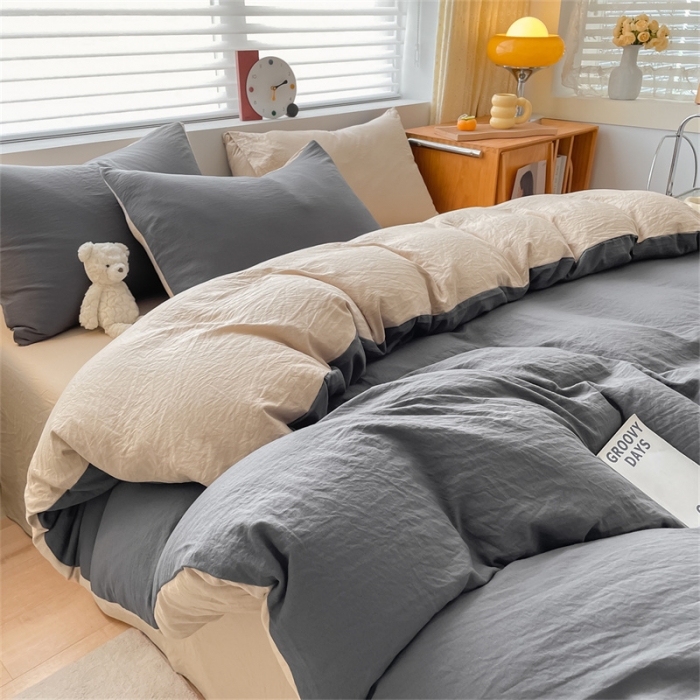 91家纺网 家纺一手货源 找家纺 古吉梦 2023新款纯色-双拼水洗棉四件套 纯色-高级灰+奶茶