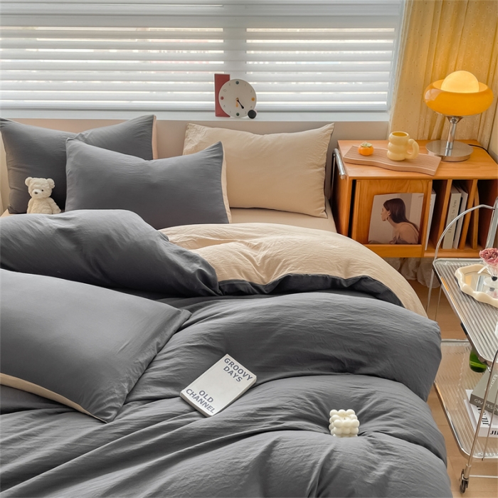91家纺网 家纺一手货源 找家纺 古吉梦 2023新款纯色-双拼水洗棉四件套 纯色-高级灰+奶茶