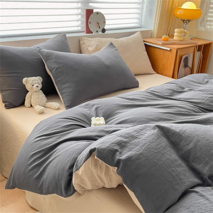 91家纺网 家纺一手货源 找家纺 古吉梦 2023新款纯色-双拼水洗棉四件套 纯色-高级灰+奶茶