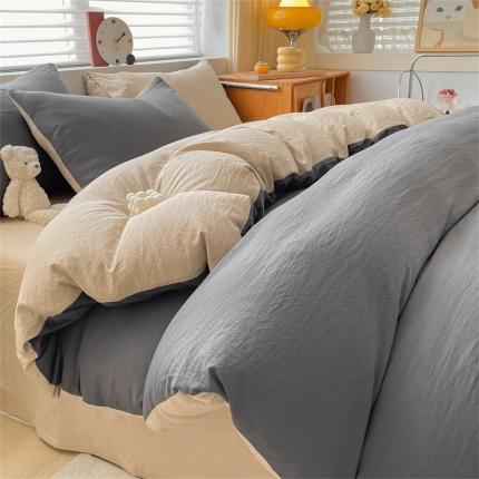 古吉梦 2023新款纯色-双拼水洗棉四件套 纯色-高级灰+奶茶