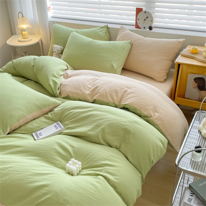 91家纺网 家纺一手货源 找家纺 古吉梦 2023新款纯色-双拼水洗棉四件套 纯色-果绿+奶茶
