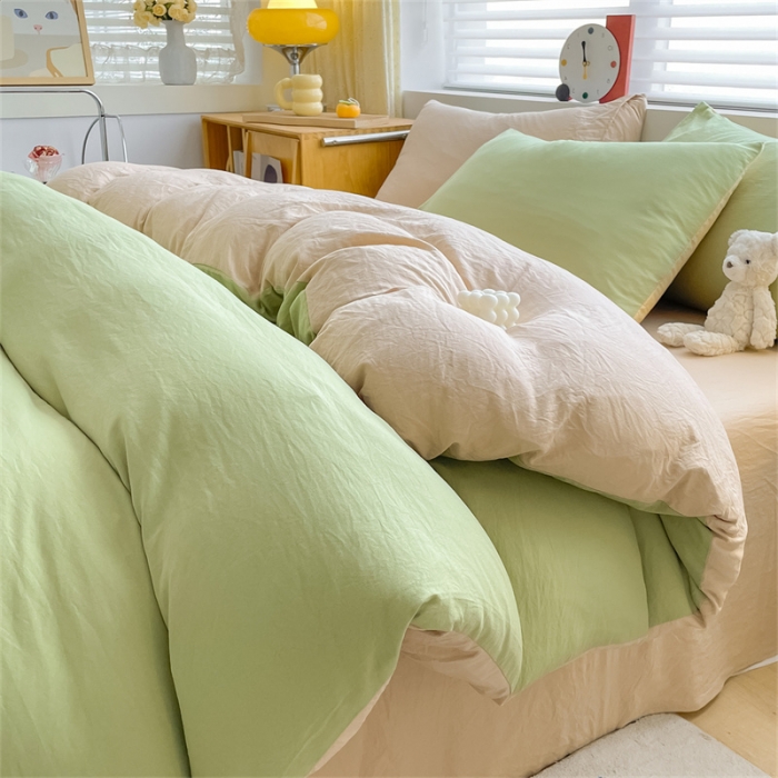91家纺网 家纺一手货源 找家纺 古吉梦 2023新款纯色-双拼水洗棉四件套 纯色-果绿+奶茶