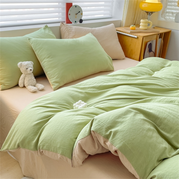 91家纺网 家纺一手货源 找家纺 古吉梦 2023新款纯色-双拼水洗棉四件套 纯色-果绿+奶茶