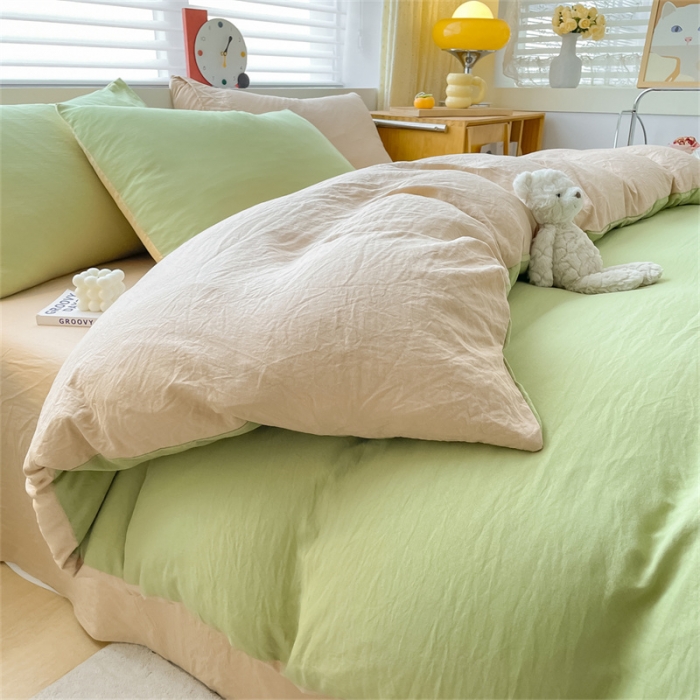 91家纺网 家纺一手货源 找家纺 古吉梦 2023新款纯色-双拼水洗棉四件套 纯色-果绿+奶茶