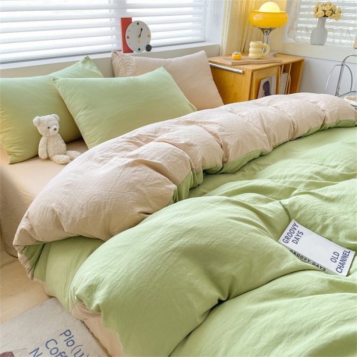 91家纺网 家纺一手货源 找家纺 古吉梦 2023新款纯色-双拼水洗棉四件套 纯色-果绿+奶茶