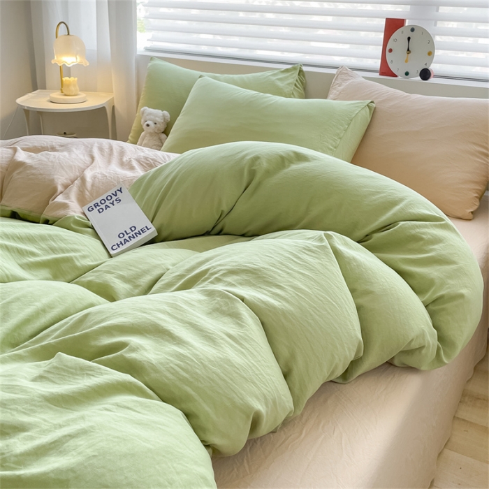 91家纺网 家纺一手货源 找家纺 古吉梦 2023新款纯色-双拼水洗棉四件套 纯色-果绿+奶茶