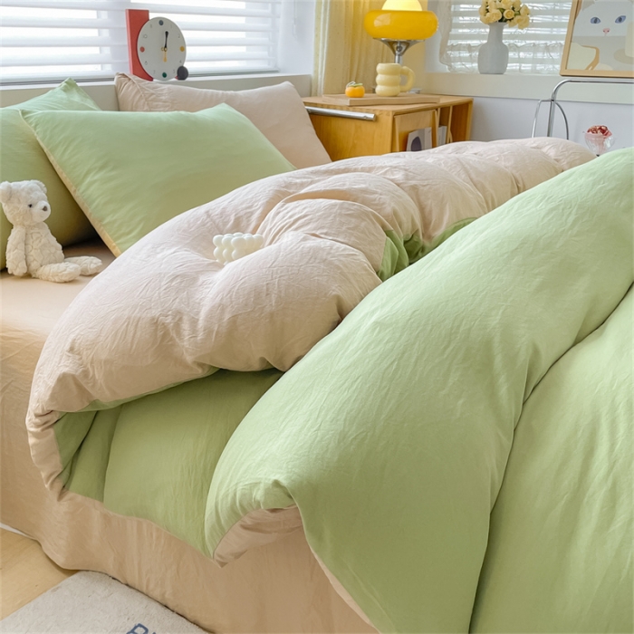 91家纺网 家纺一手货源 找家纺 古吉梦 2023新款纯色-双拼水洗棉四件套 纯色-果绿+奶茶