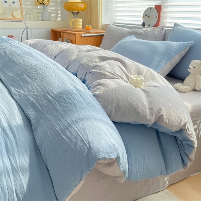 91家纺网 家纺一手货源 找家纺 古吉梦 2023新款纯色-双拼水洗棉四件套 纯色-海青+山灰