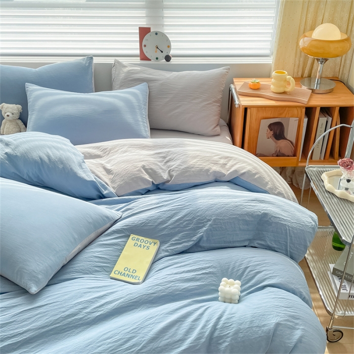 91家纺网 家纺一手货源 找家纺 古吉梦 2023新款纯色-双拼水洗棉四件套 纯色-海青+山灰