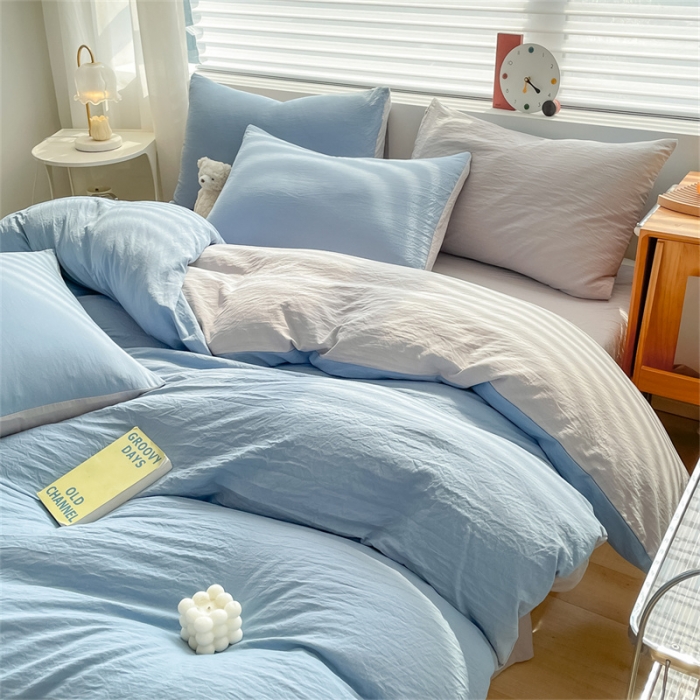 91家纺网 家纺一手货源 找家纺 古吉梦 2023新款纯色-双拼水洗棉四件套 纯色-海青+山灰