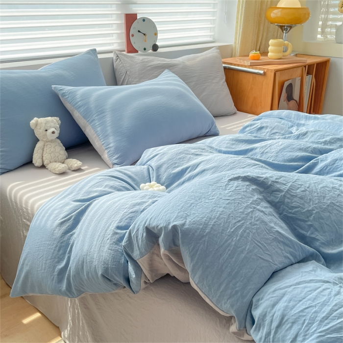 91家纺网 家纺一手货源 找家纺 古吉梦 2023新款纯色-双拼水洗棉四件套 纯色-海青+山灰