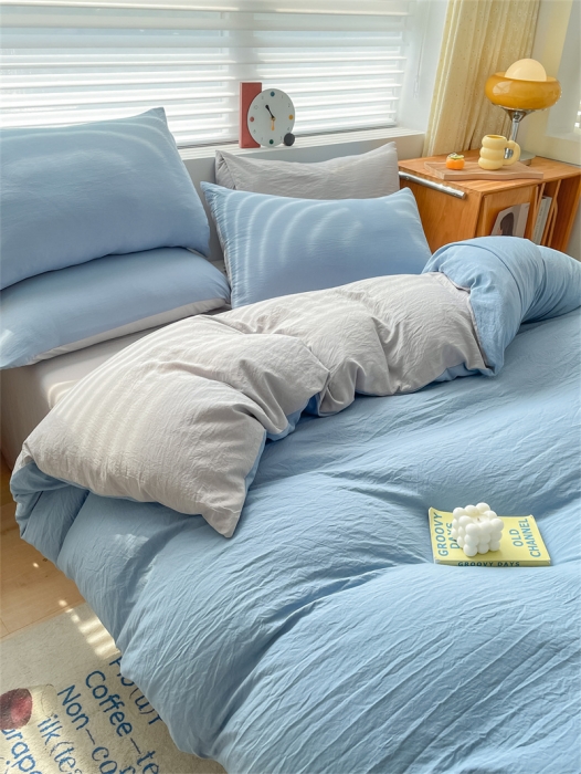 91家纺网 家纺一手货源 找家纺 古吉梦 2023新款纯色-双拼水洗棉四件套 纯色-海青+山灰