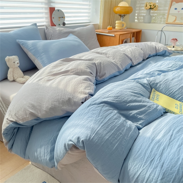 91家纺网 家纺一手货源 找家纺 古吉梦 2023新款纯色-双拼水洗棉四件套 纯色-海青+山灰